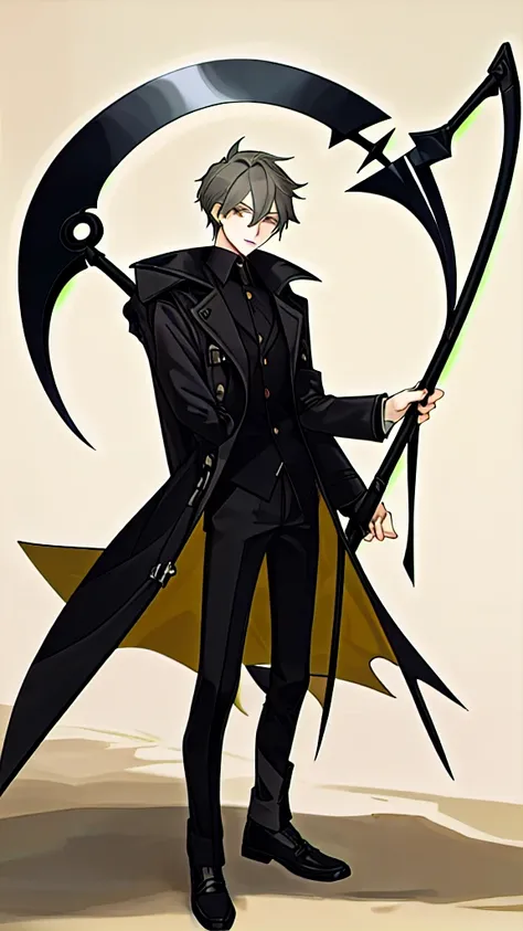 A teenage boy  pose with a scythe, coat outfit,,Anjm masterpiece