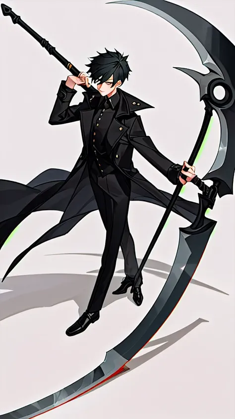 A teenage boy  pose with a scythe, coat outfit,,Anjm masterpiece