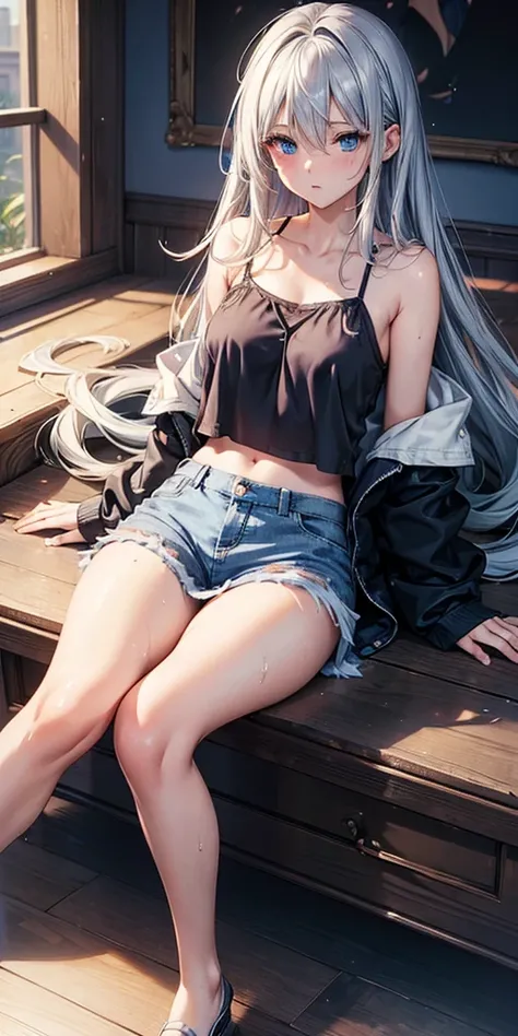  (masterpiece, Highest quality:1.2)、woman，Silver long hair，blue eyes，Sheer short camisole，Crop shirt，Off the shoulder，white，art， anime，Short denim skirt、My whole body is wet