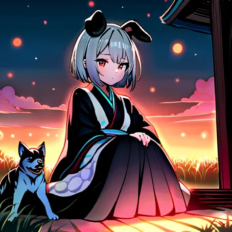 girl，cute，Small breasts，Gray Hair，Dog ears，short hair，Red Eyes，kimono，countryside，night，Sitting