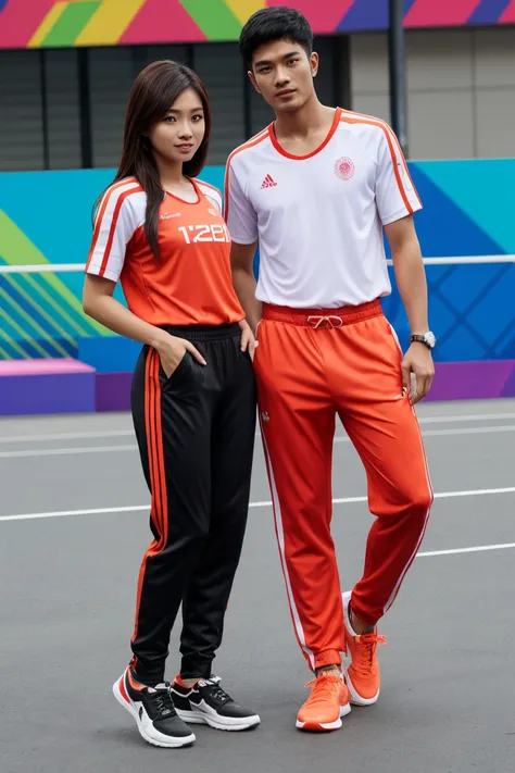 Malay girl and man, Olympic wear set, smart orange and black Olympic wear , super cool designs  outfit , long pants 