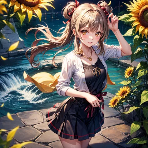 Red, brown, gold, gold hair、Golden Eyes、Hair tied up、One good looking girl、solo、anime、Checkered mini skirt、Ruffles on the skirt、camisole、Lightweight cardigan、Black knee-high socks、Wearing a baseball cap、Ribbon、Ribbon on waist、Teeth are visible、Silver coin ...