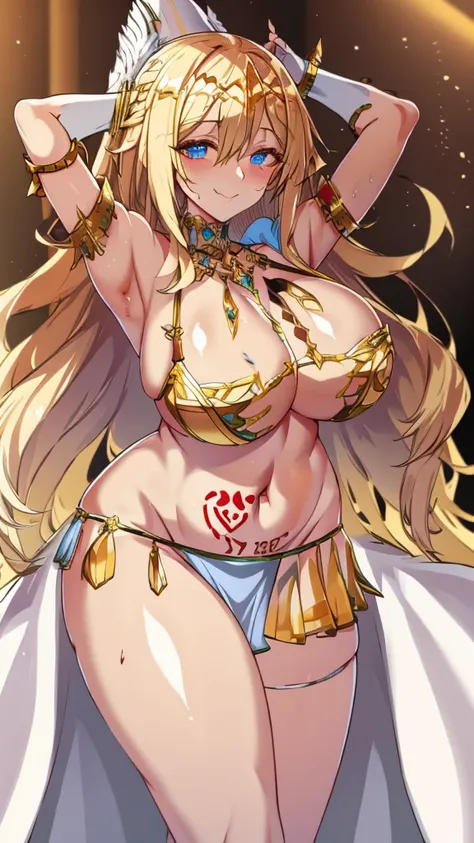 Priestessess,Valkyrie,Angel Wings,belly button,Side bust,Complex,Particles of light,Thighs,Shiny skin, Perfect lighting, One girl,  View your viewers,Winged hat,Pelvic Curtain, smile,(masterpiece), (Highest quality), Very large breasts, maternal, Porcelain...