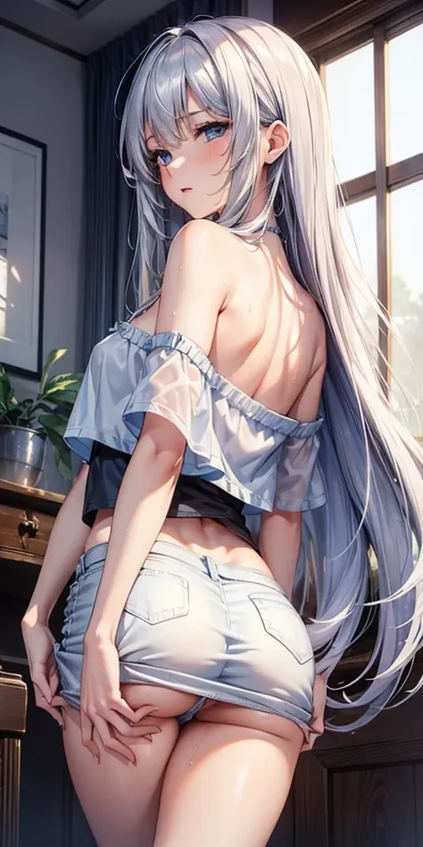  (masterpiece, Highest quality:1.2)、woman，Silver long hair，blue eyes，Sheer short camisole，Crop shirt，Off the shoulder，white，art， anime，Short denim skirt、Very good、Erect nippley whole body is wet、Shooting from below、Rear view photo、Exposing your buttocks、Pa...