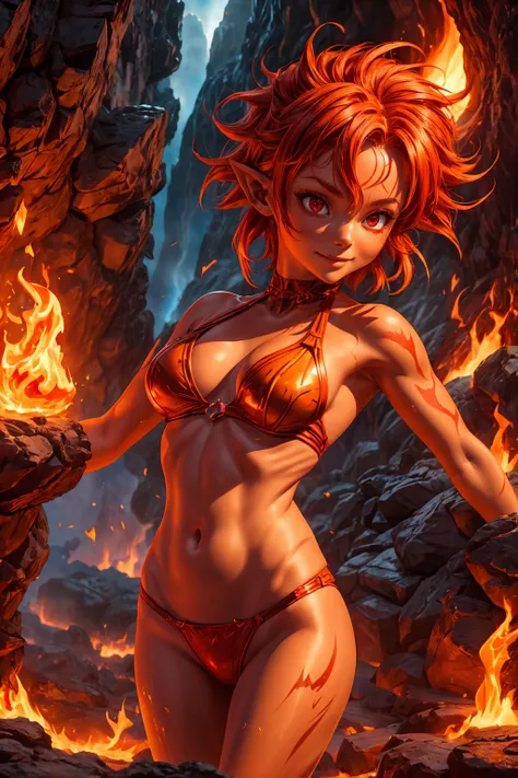 solo, 1girl, ((best quality)), ((masterpiece)), (detailed), 4k, very small red goblin girl, red skin, pointy ears, fire hair, pleased expression, bright red eyes, wearing bikini made of volcanic rock, volcanic cave background, on fire, posing for portrait