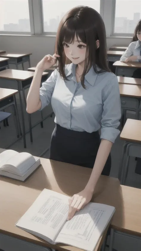 1 Woman Standing, Clothing of office workers, , Mature Woman, New teachers、/(Dark brown hair/) bangs, A light smile, (Masterpiece Top quality:1.2) Delicate illustrations, super detailed, Big Break /(Stand in the classroom/), View of the schoolyard from the...