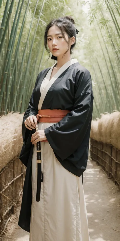 Raw photo of one female samurai, standing in a fighting stance, with a sword drawn from a scabbard in her hands, ready for battle, in full samurai attire (kimono) (wind in a bamboo forest), (the wind lifted the leaves up), a cut on her shoulder ( high skin...