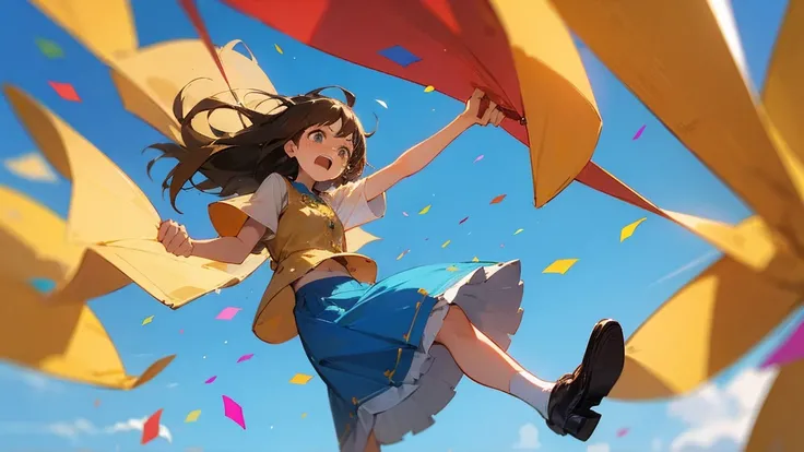 ((Highest quality)), ((masterpiece)), ((Very detailed)),Floating Girl,Angry expression，Confetti，Brown Hair,tears,Blue sky background,Feet in the air,tears,Long skirt,loafers,Raise both hands,falling girl,hold hands