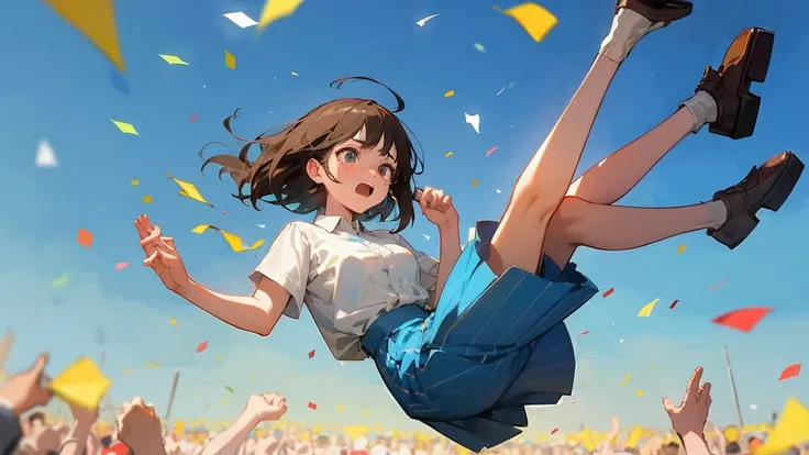 ((highest quality)), ((masterpiece)), ((very detailed)),floating girl,angry expression，confetti，brown hair,tears,blue sky backgr...