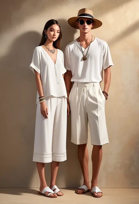 candid fashion illustration of young man and woman, both aged 20 year old, ((showcase fashion in a white cotton-rayon outfits)),...