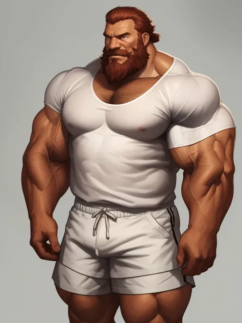 solo, 1boy, perfect anatomy, perfect proportion. Huge Muscular Old man wearing ,(white shorts and white shirts:1.2), view from side, pectoral, thick arms, huge pectoral, short hair, red beard and hair, simple background, masterpiece, semirealistic:1.2, hig...