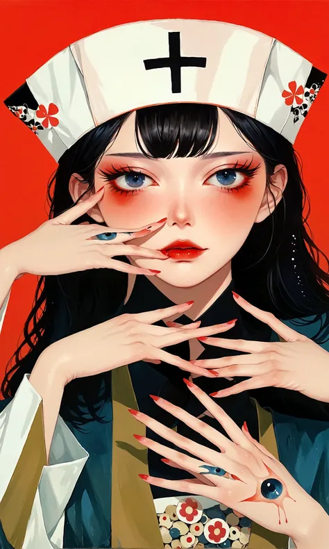 girl，Nurse hat，Eyes painted on hands，Japanese horror style Japanese pop surrealism, author：Yukika Kosaka, Nguyen Gia and Joao Nguyen, 
