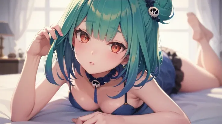 rushia_bikini, green hair, short hair, side buns, blue bikini, frills, butterfly, small breasts, skull hair ornament、digital painting, anime girl, cute girl, lying down, facing viewer, relaxed pose, wide header format, pastel colors, soft lighting, big eye...