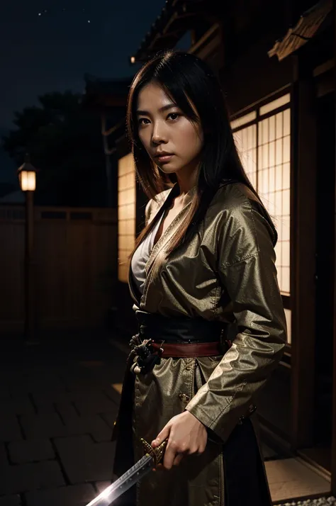 a beautiful Japanese female warrior holding a samurai sword with both hands, with a night background