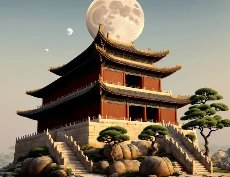 A huge moon，Below is a small ancient Chinese building，Buildings account for a small proportion，outdoor，There are landscapes on the side，Illustration Art，Chinese ancient painting style，Song dynasty painting style，Retro Style，Beige tones，Floor plan，Zen，Super...