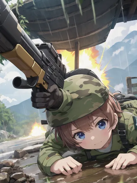 high quality,masterpiece,12 years old,blue eyes,Outdoor,顔 focus,Brown Hair, short hair, ponytail,Military camouflage uniform,Green helmet,heavy rain,In the mountains,cloudy,Muddy clothes,He has a gun,Crawling on the ground,Point the gun this way,serious,Ru...