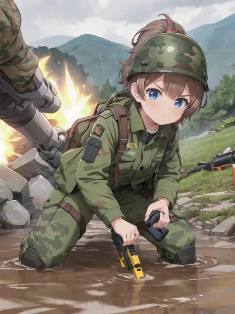 high quality,masterpiece,12 years old,blue eyes,Outdoor,顔 focus,Brown Hair, short hair, ponytail,Military camouflage uniform,Green helmet,heavy rain,In the mountains,cloudy,Muddy clothes,He has a gun,Crawling on the ground,Point the gun this way,serious,Ru...