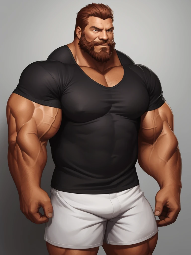 solo, 1boy, perfect anatomy, perfect proportion. Huge Muscular Old man wearing ,(white shorts and black shirts:1.2), view from side, pectoral, thick arms, huge pectoral, short hair, red beard and hair, simple background, masterpiece, semirealistic:1.2, hig...