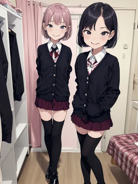 1girl,6yo,(petite),my room,,standing,uniform,cardigans,miniskirt,looking viewer,(smirk),thighhighs,shoes