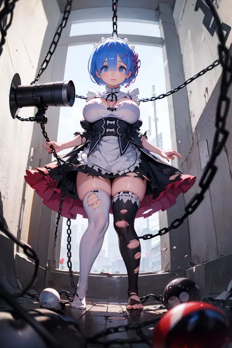 、Plump、Show your pants、Fighting Pose、Weapons Morningstar、((Underground Prison))、((The floor beneath my feet is crumbling))、((((Rem in chains)))),(((((Fisheye Lens)))))、((((Super huge breasts))))、(((Plump thighs)))、(((Rem from Re:Zero)))、looking at the came...