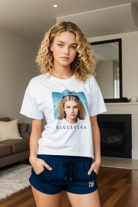 a photo portrait of a beautiful full whitegirl with curls and dark blue eyes ,big ass ,small sporty and round breast ,high definition, more sharp , ( medium blonde hair:1.10),  She is wearing a comfortable, Gucci home outfit consisting of a loose, oversize...