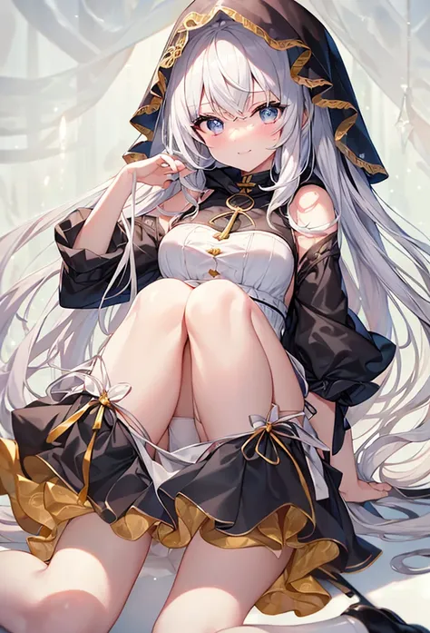 ((Highest quality)), ((masterpiece)), ((Very detailed)), (Very mature),A cute high school girl with a gentle look, white hair and about 165cm tall.，A high school girl with a cute smile and ample breasts wearing a transparent black wavy top with a cute patt...