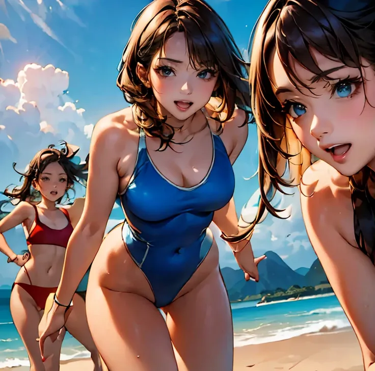 ((Highest quality、masterpiece、8K、Realistic、超High resolution、Very delicate and beautiful、High resolution、Cinema Lighting、Realistic style, Vibrant colors, High Contrast, Sharp details, 8K resolution)), ((Three young women having fun playing in the blue sea:1...