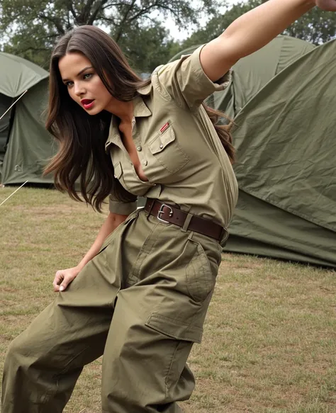 Real photo, High resolution, Wide angle. Masterpiece, 1 Solo woman, American, beautiful, Sexy, Red lips, Thin face, Open mouth, Wearing Army cotton sand-colored shirt, open collar, visible big brests, clevage, Small waist, Khaki cotton army (long) trousers...