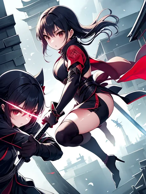 A girl is a ninja who belongs to a clan that fights against evil. She is wearing a black outfit and a mask, and she has a sword and a shuriken in her hands. She is agile and skilled as she jumps from rooftop to rooftop, chasing after a group of enemies who...