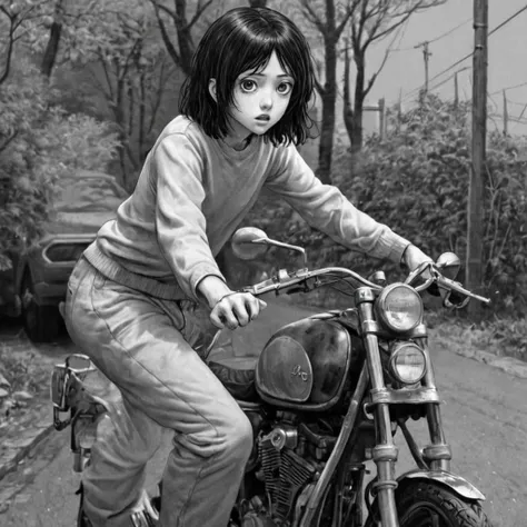 standing on moving motorcycle, (anime), bizarre scenario, This is Junji, Yusuke Murata, black and white, 8K, anime, horror