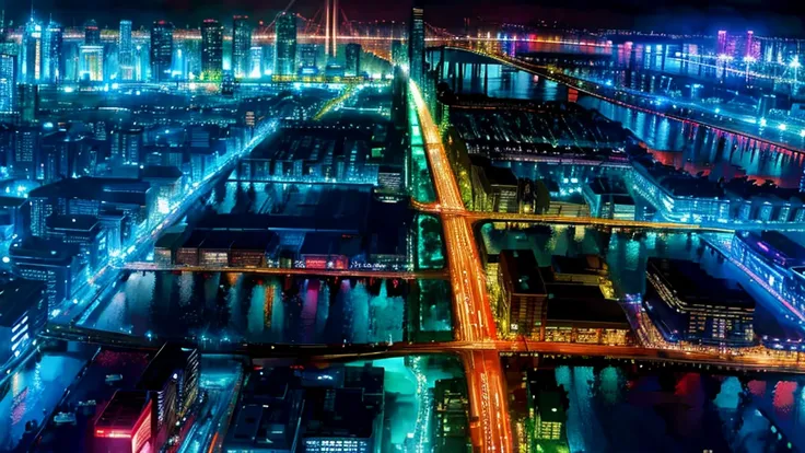 Anime Style，Night view，city，rainbow，traffic jam，building，traffic jam light，lots of，