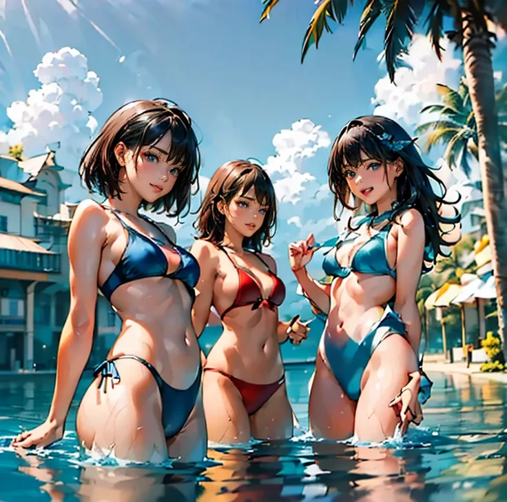 ((Highest quality、masterpiece、8K、Realistic、超High resolution、Very delicate and beautiful、High resolution、Cinema Lighting、Realistic style, Vibrant colors, High Contrast, Sharp details, 8K resolution)), ((Three young women having fun playing in the blue sea:1...