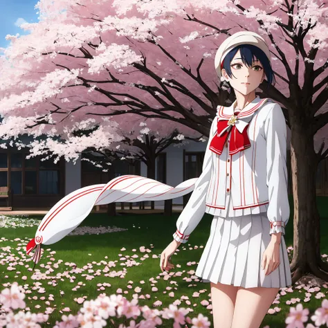 masterpiece, Highest quality, High resolution, hmhy1, short hair, White Hat, beret, Red cardigan, White Dress, Frills, ribbon, Long sleeve, Open clothes, Medium chest, Cowboy Shot, Are standing, cherry blossoms, Outdoor