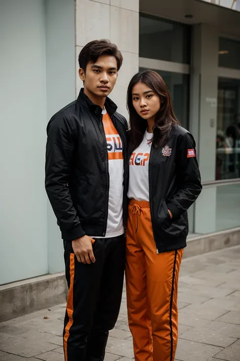 Malay girl and man, Olympic wear set, smart orange and black Olympic wear , super cool designs  outfit , long pants , jacket , aesthetic outfits design 