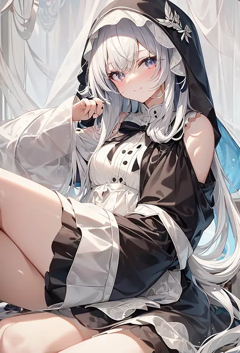 ((Highest quality)), ((masterpiece)), ((Very detailed)), (Very mature),A cute high school girl with a gentle look, white hair and about 165cm tall.，A high school girl with a cute smile and ample breasts wearing a transparent black wavy top with a cute patt...