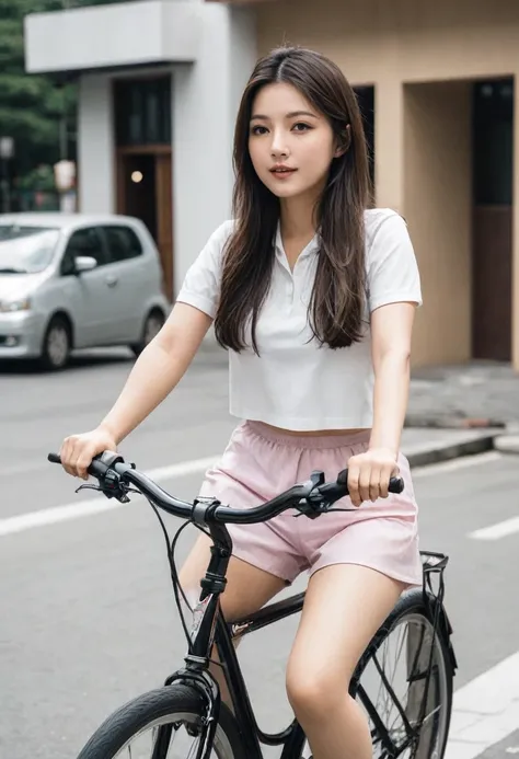 A girl riding a bicycle without worrying about her panties