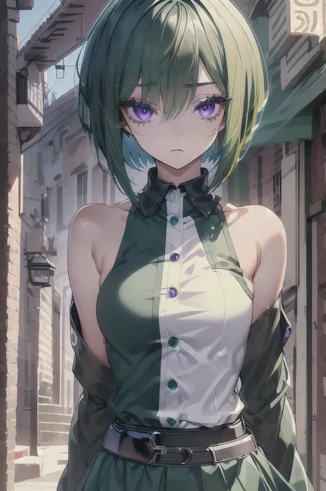 detailed、Slit eyes、Beautiful eyelashes、Purple Eyes、short hair、Green Hair、Upper Body、8K.I have a gun、girl、cyber-clothes、Brave face、Vibrant colors、Strong color scheme、Background Black、Fluffy short bob、No cut-off、Vivid Color