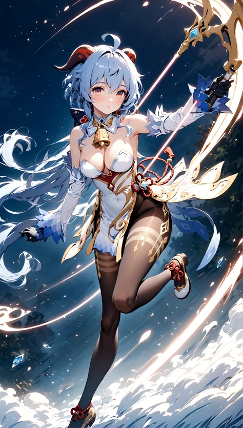 (ganyu (genshin impact)((masterpiece、8L、WAR Photo、highest quality、Realistic painting style、Cinematic Lighting、Backlight)) medium breasts、Great cleavage,A little bit of side boob is visible、Neck length laser tights、One Girl, alone,Long legs、Thin legs、Perfec...