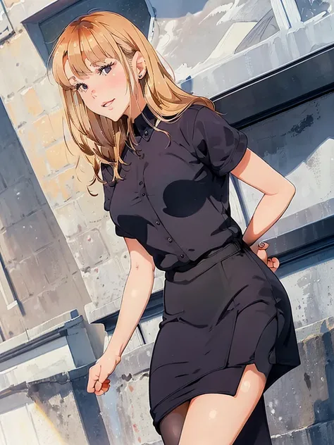 , ((Masterpiece, best quality, perfect lighting, amazing shading)), (perfect anatomy, realistic proportions), field of depth, extremely beautiful, 1girl, blonde hair, black pencil skirt, dress shirt, black tights, happy expression, beautiful watercolor sun...