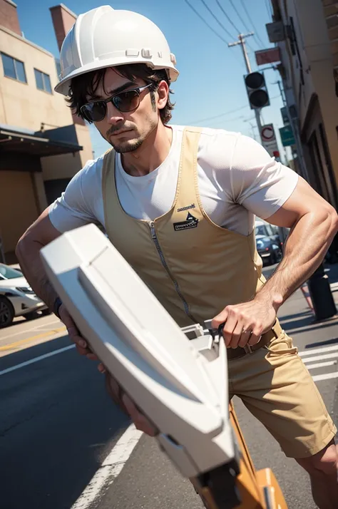 realistic 3d caricature a man, an architect by profession, wearing a white project helmet, wearing a white shirt and an orange vest