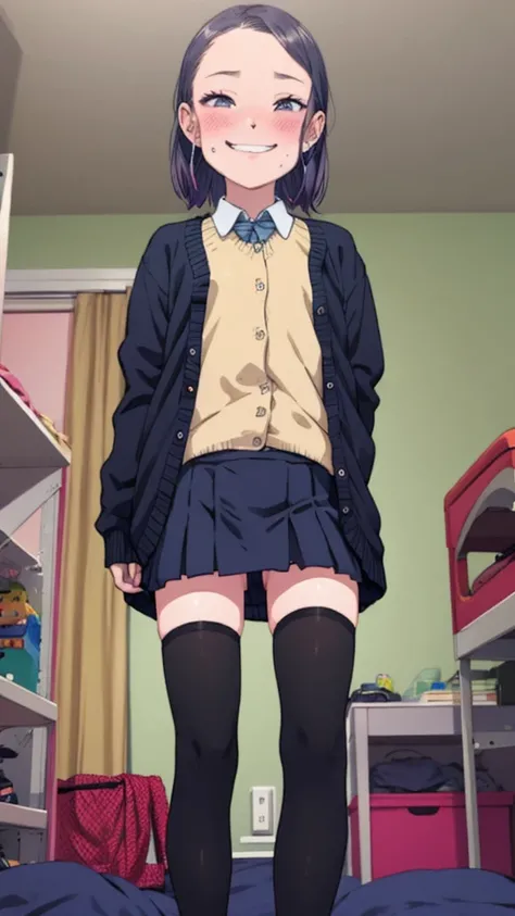 1girl,6yo,(petite),my room,,standing,uniform,cardigans,miniskirt,looking viewer,(smirk),thighhighs,shoes,blush,sweating