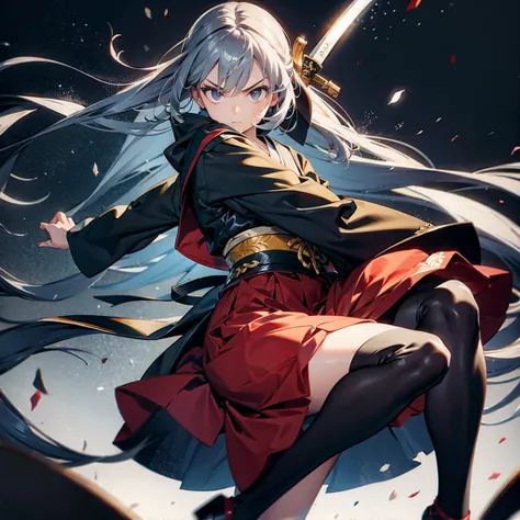 Dynamic configuration、((Perspective Lens, Woman with long hair,  Dynamic poses with serious and mean expressions, Swinging something large with both hands, Long Japanese sword )) ((Pure Black Background:1.2)),Anime Style、Fine grain、she&#39;Early 20s,Shooti...