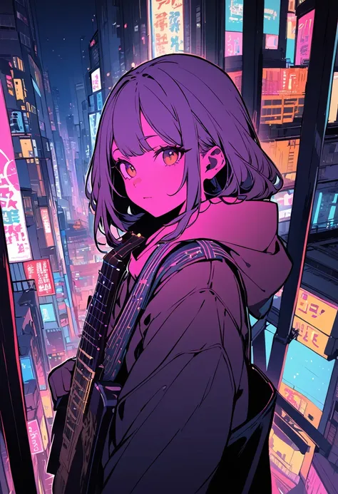 flat color,(Ultra high-resolution masterpiece, best quality, ultra-detailed representation) – A captivating portrait of a Japanese , portrayed with breathtaking intricacy. (A tween in sensational fashion) , A girl looking at the city from the top of a tall...