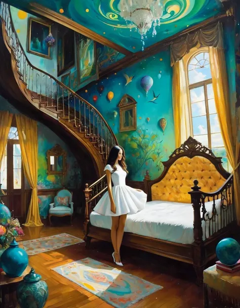 Tony Sandoval (Tony Sandoval) Style of vibrant surrealism, A beautiful girl，In a huge house， Creates a fascinating dream.