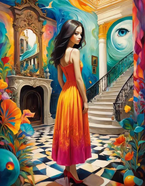 Tony Sandoval (Tony Sandoval) Style of vibrant surrealism, A beautiful girl，In a huge house， Creates a fascinating dream.