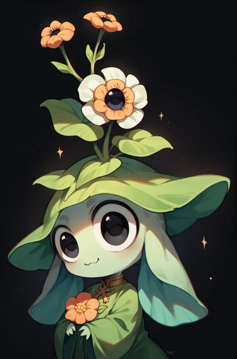 Cute flower monster, (Cestrum nocturnum in her head:1.2), big eyes, full black eyes, cleric outfit