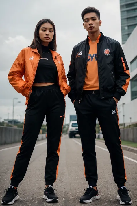 Malay girl and man, Olympic wear set, smart orange and black Olympic wear , super cool designs  outfit , long pants , jacket , aesthetic outfits design , black line design on orange color shirt and black color pants 