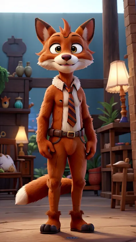 Zootopia, standing on two nakeds , furry fox,   Fur,  Mushin, beautiful tail, Background from the cartoon Zootopia