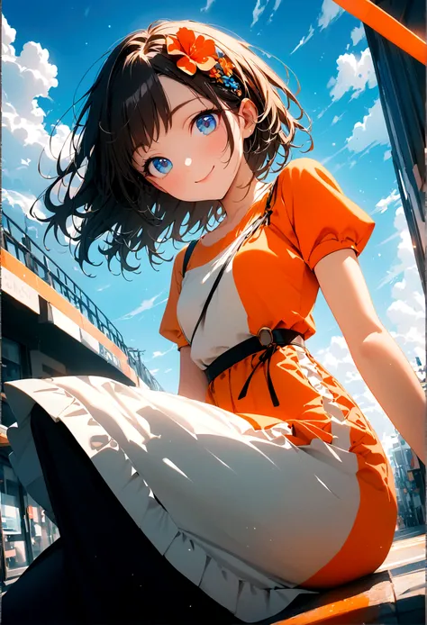 Whole body expression、1 girl、solo、blue eyes、Cyan background、bright、blue sky、cloud、sunny、youth、Blue and white main color、Orange sub-color、ink、soloフォーカス、cool、love、accessories、smile、Beautiful hairstyle、beautiful、beautiful目、Background main glossy、Very comforta...