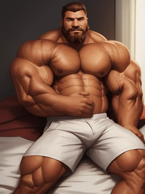 solo, 1boy, perfect anatomy, perfect proportion. Huge Muscular Old man lying in bed, sleep in bed, (white shorts), view from side, pectoral, thick arms, huge pectoral, short hair, red beard and hair, simple background, masterpiece, semirealistic:1.2, high ...